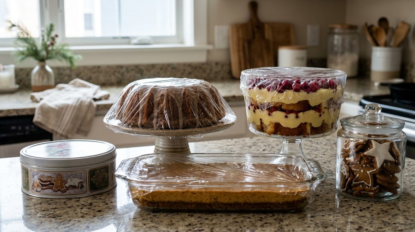 Make ahead Thanksgiving desserts: wrapped bundt cake, cheesecake bars, trifle and cookies ready on a counter