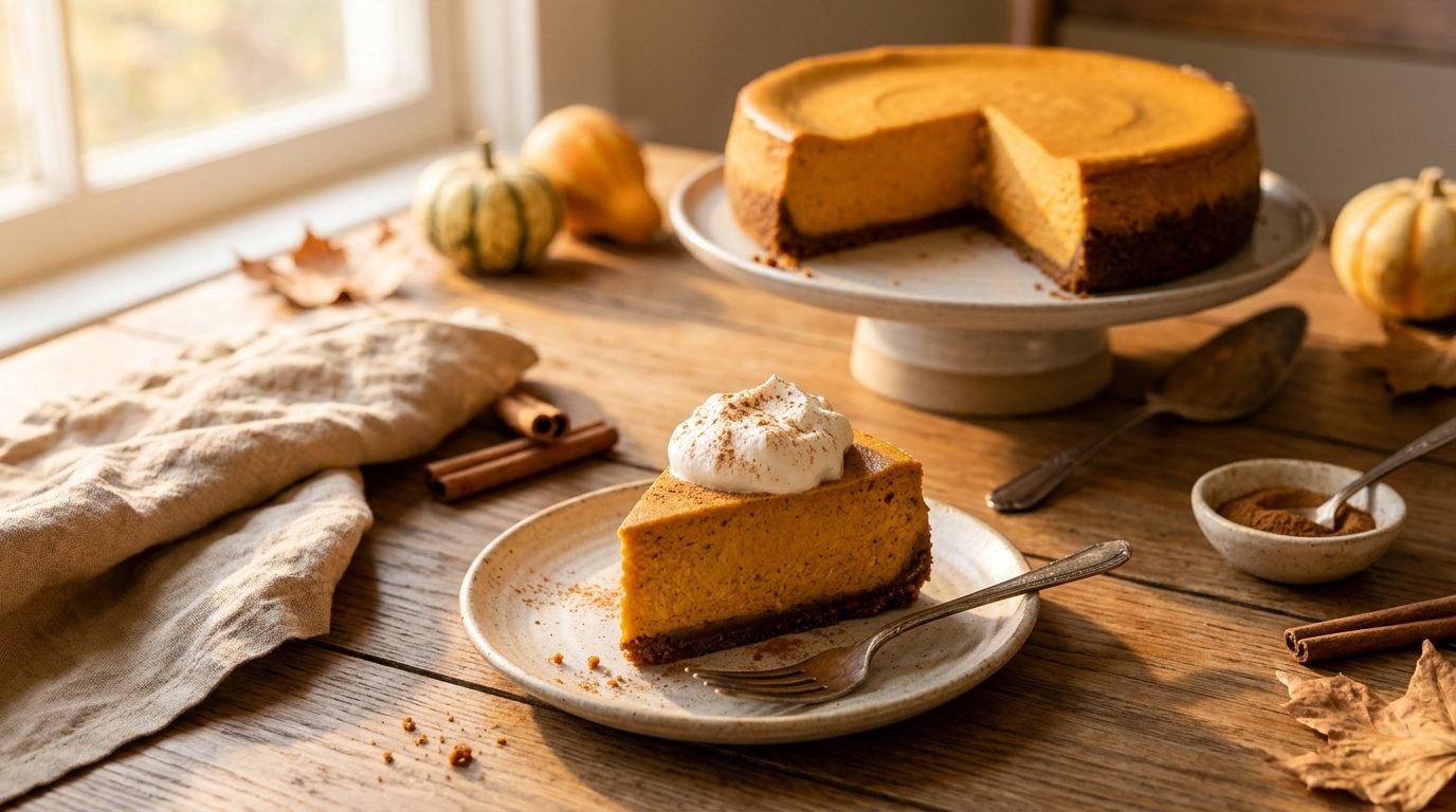 Sweet potato cheesecake with a gingersnap crust and a slice served with whipped cream