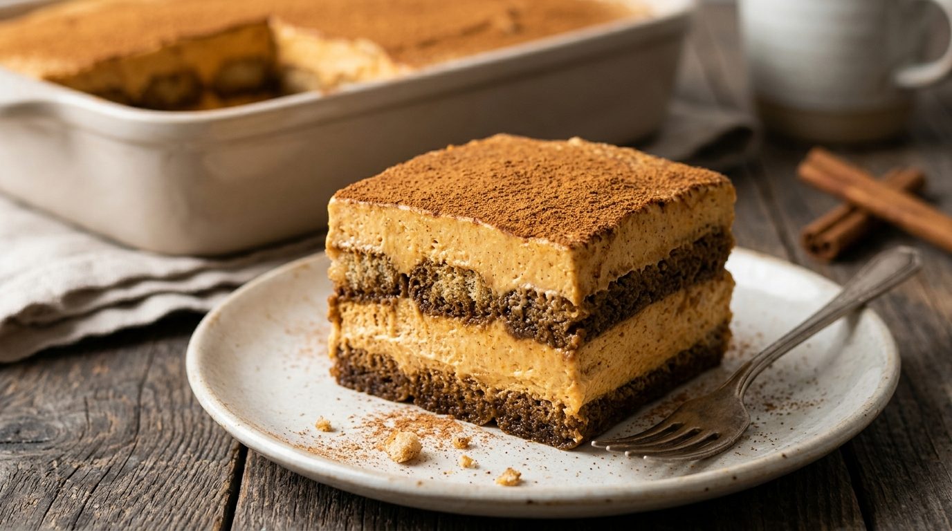 A slice of no bake pumpkin tiramisu with coffee soaked ladyfingers