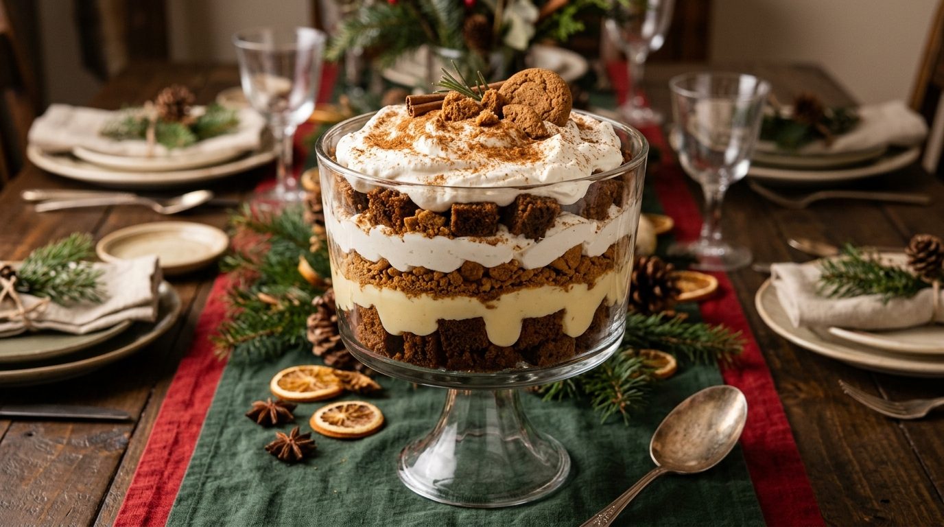 Thanksgiving desserts showstopper: gingerbread trifle layered in a glass bowl