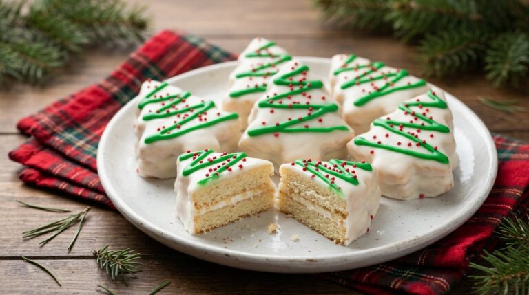 Homemade Christmas tree cakes with white coating, green zigzag stripes and red sprinkles on a white plate, one cut open