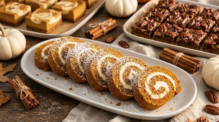 Thanksgiving desserts: sliced pumpkin roll with cream cheese swirl on a white platter with pumpkin cheesecake bars and pecan bars behind