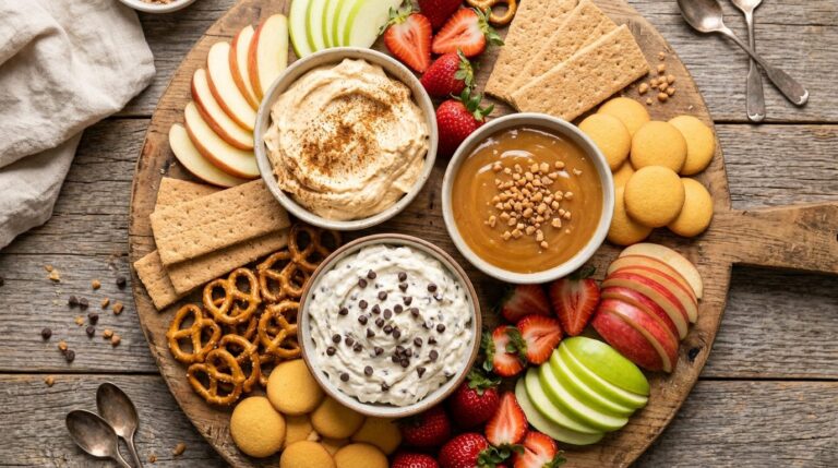 Dessert dips: a board with pumpkin fluff dip, caramel apple dip and cannoli dip surrounded by apples, graham crackers, pretzels and strawberries