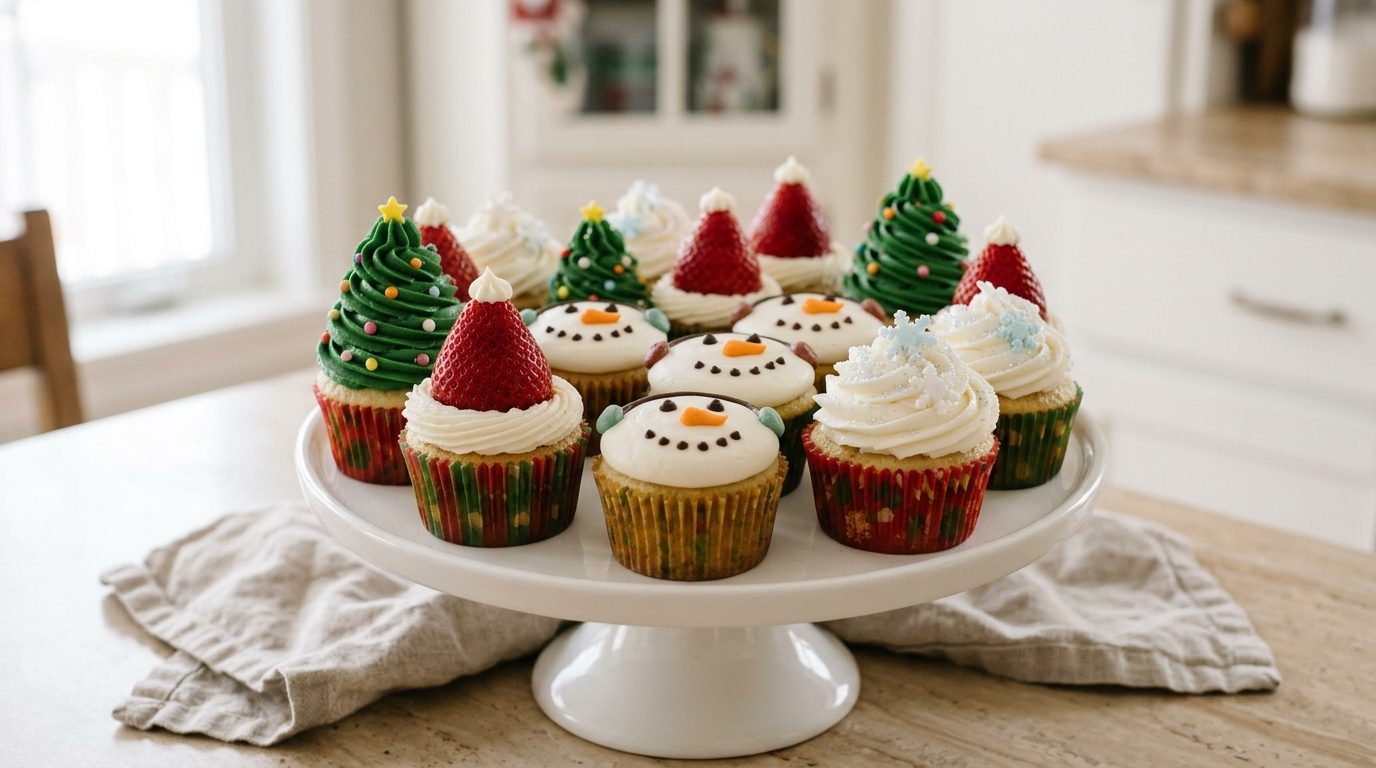 Christmas cupcakes on a white cake stand: piped green trees, Santa hats, snowman faces and white swirls with sugar snowflakes