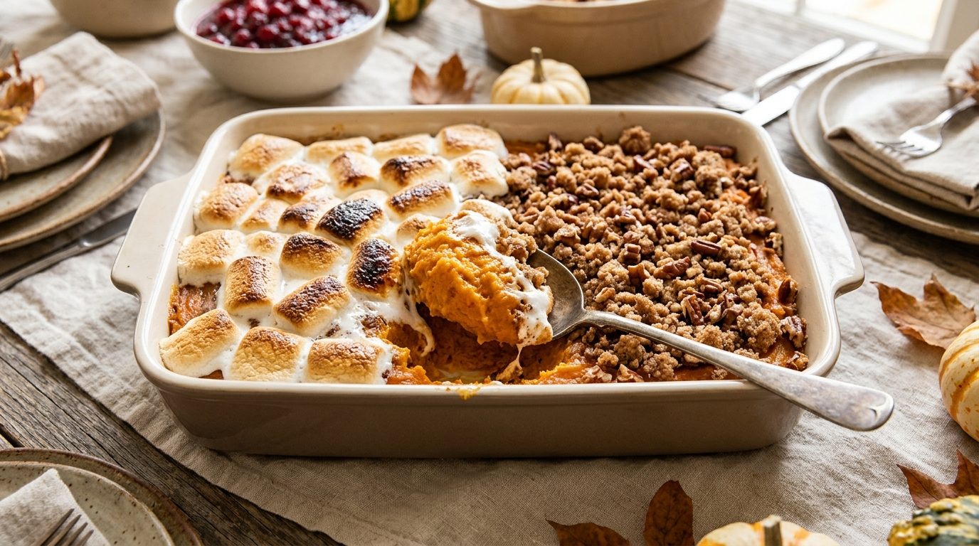 Sweet potato casserole with toasted marshmallows on one half and brown sugar pecan streusel on the other half