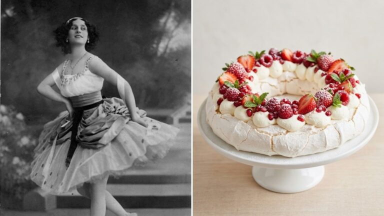 Christmas pavlova: a historic photo of ballerina Anna Pavlova beside a pavlova wreath topped with cream, berries and pomegranate