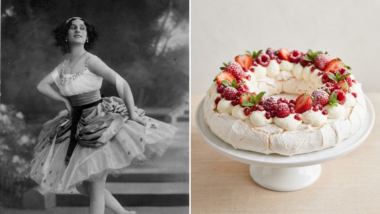 Christmas pavlova: a historic photo of ballerina Anna Pavlova beside a pavlova wreath topped with cream, berries and pomegranate