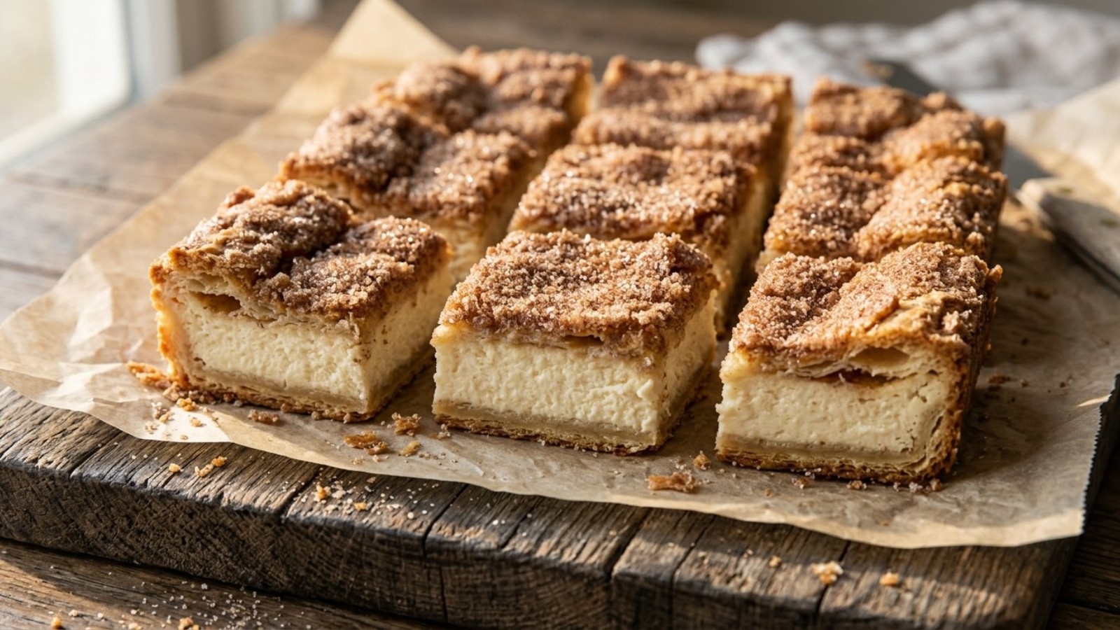 Churro cheesecake bars with a cinnamon sugar top