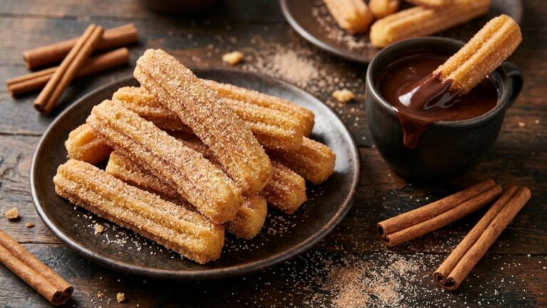 Churros rolled in cinnamon sugar with a cup of thick hot chocolate