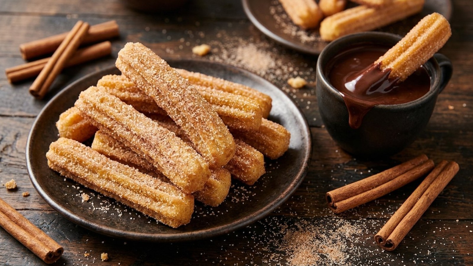 Churros rolled in cinnamon sugar with a cup of thick hot chocolate