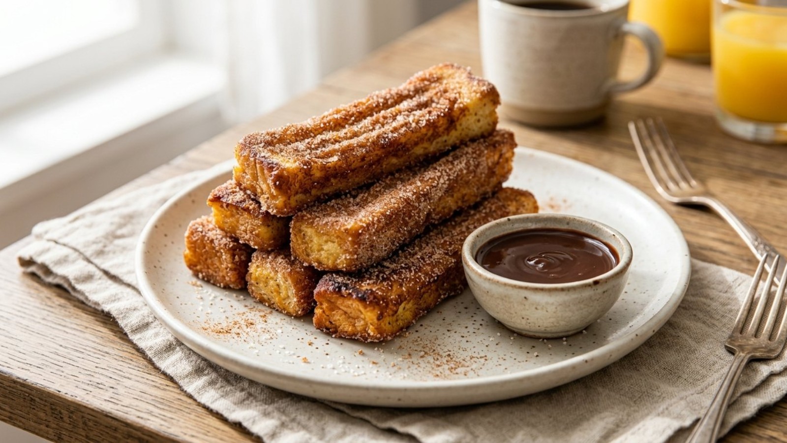 Churro French toast sticks with chocolate sauce for dipping