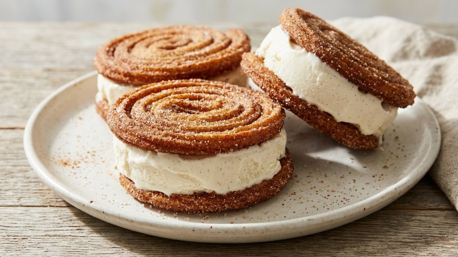 Churro ice cream sandwiches with vanilla ice cream on a plate