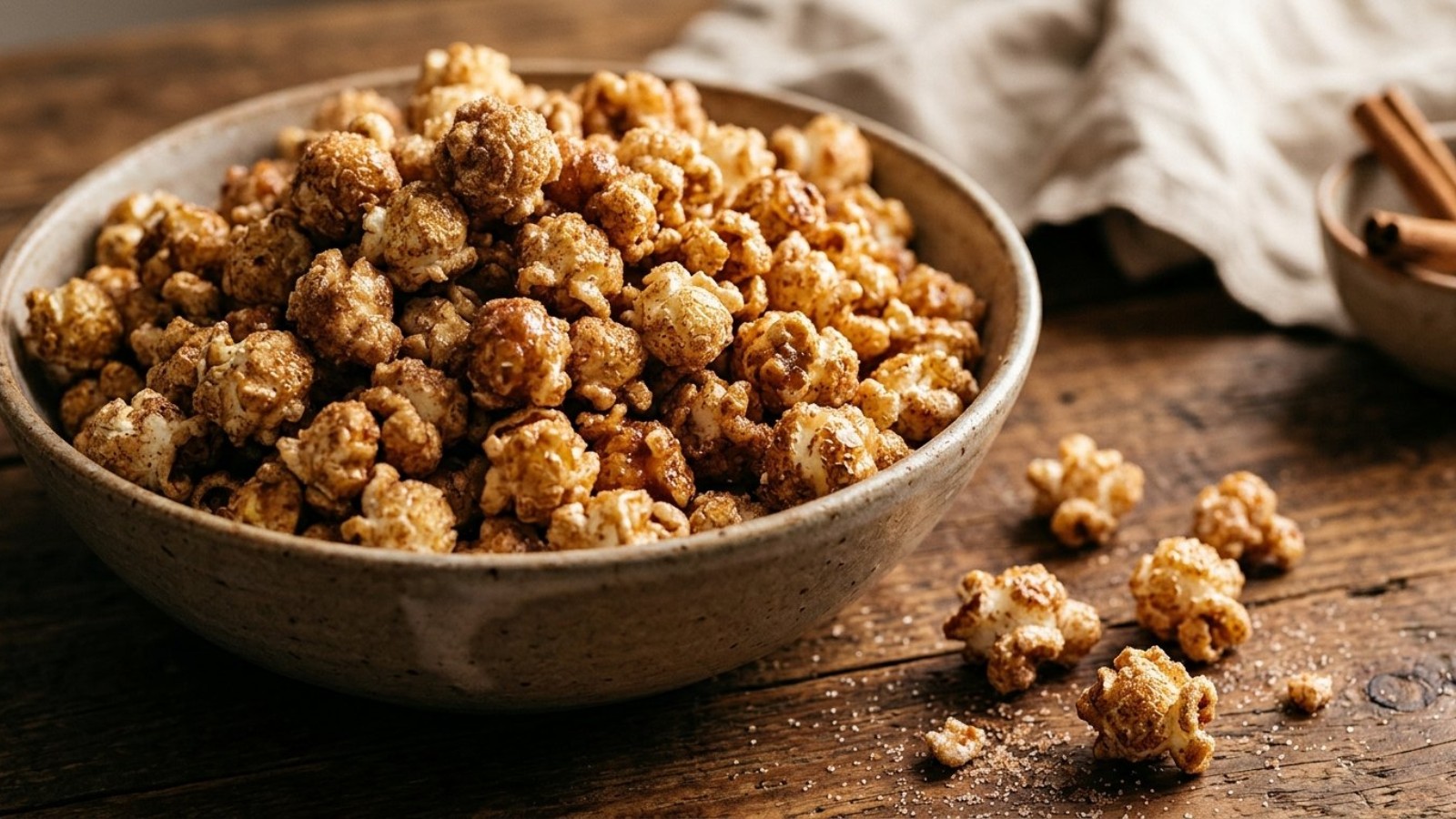 Churro popcorn with cinnamon sugar in a large bowl