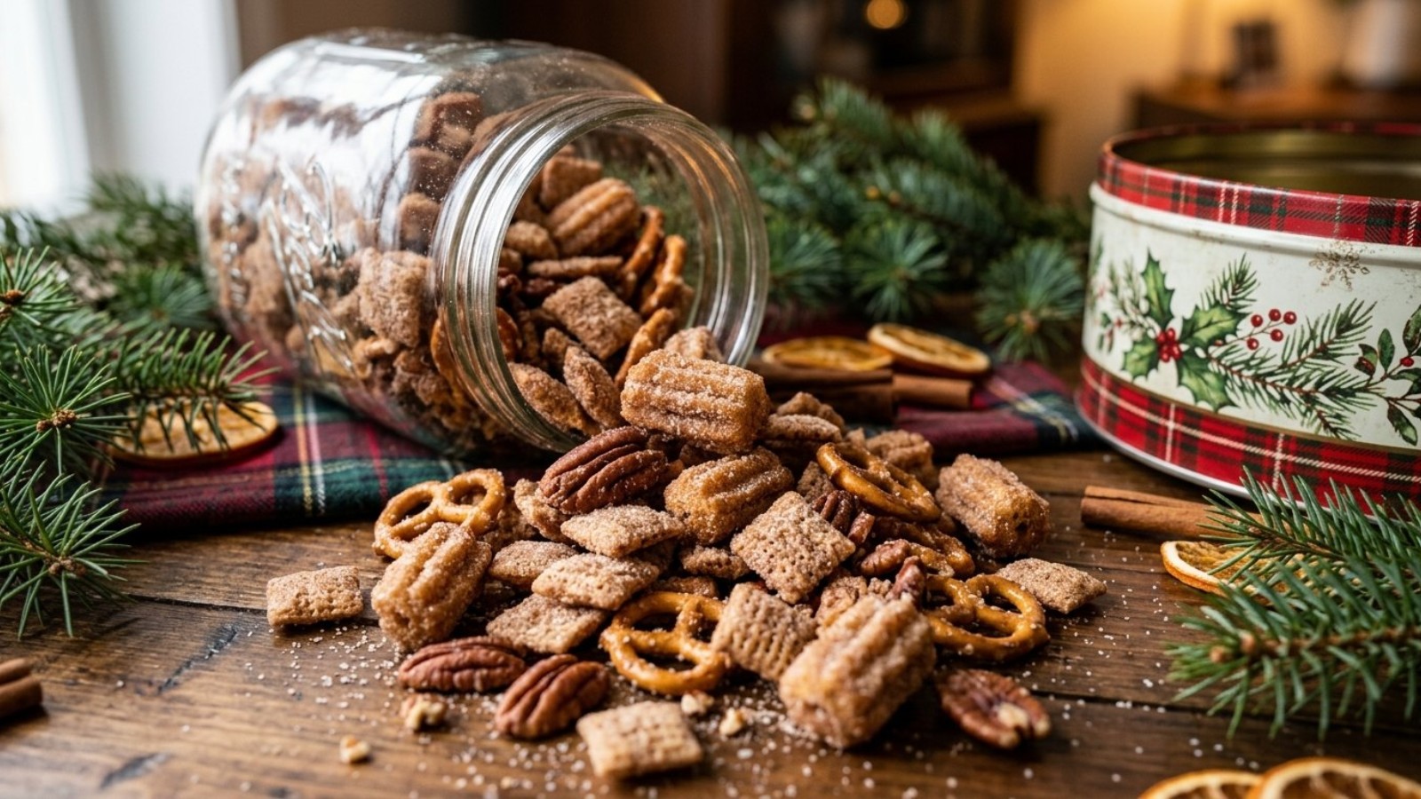 Churro snack mix with cereal, pretzels and pecans in a glass jar