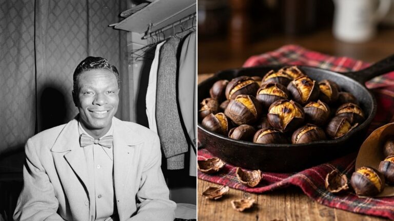 Chestnut recipes: Nat King Cole in 1946 next to roasted chestnuts in a cast iron skillet