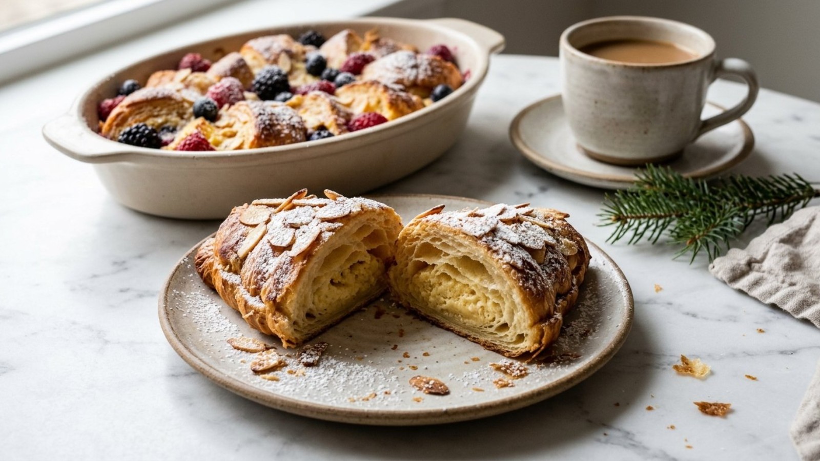 Croissant recipes: a twice baked almond croissant cut open with a French toast bake behind it