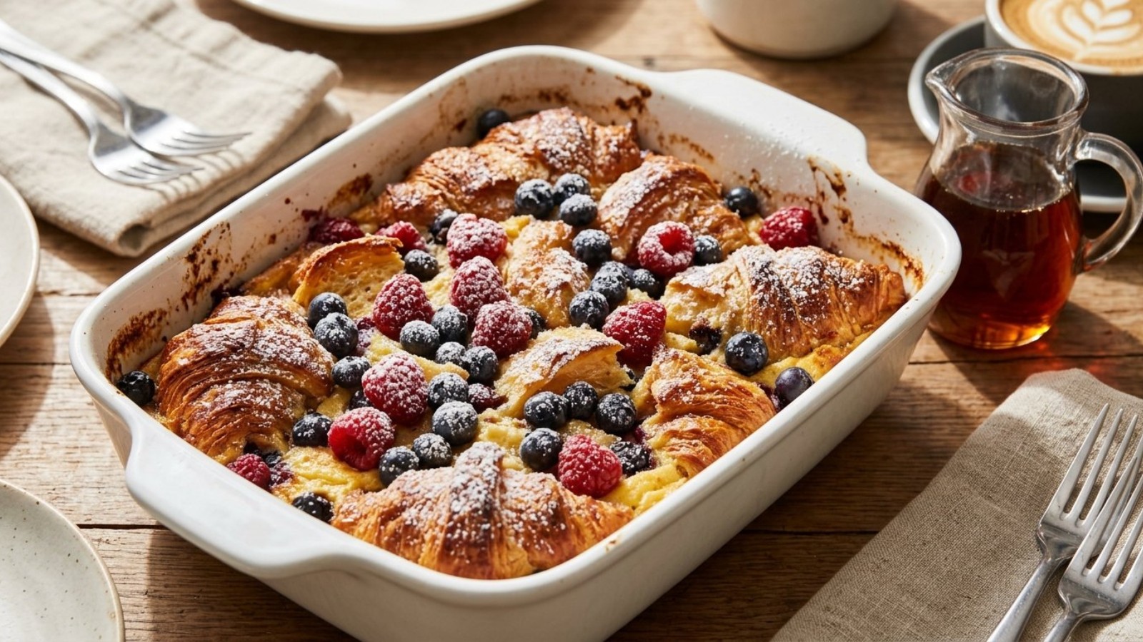 Croissant recipes for brunch: French toast bake with berries and powdered sugar