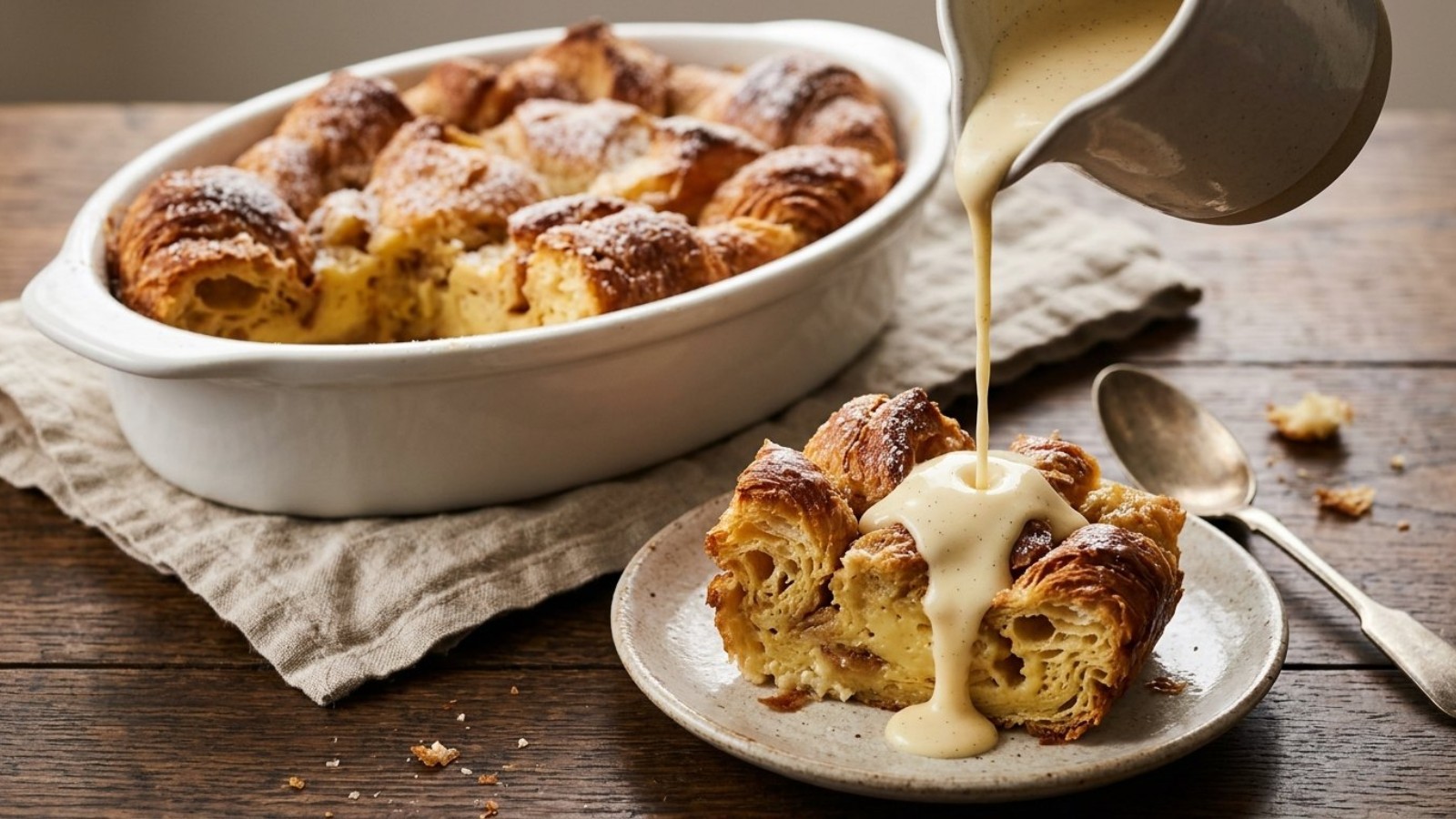 Croissant bread pudding with vanilla sauce poured over a serving