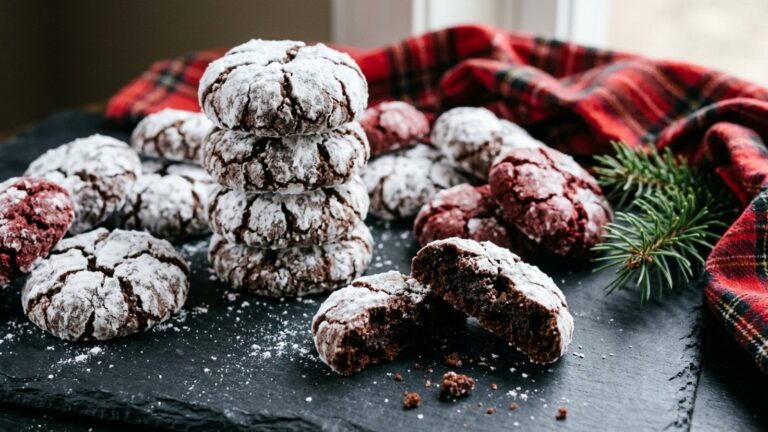 Crinkle cookies: chocolate and red velvet crinkles with powdered sugar cracks on a slate board with red plaid