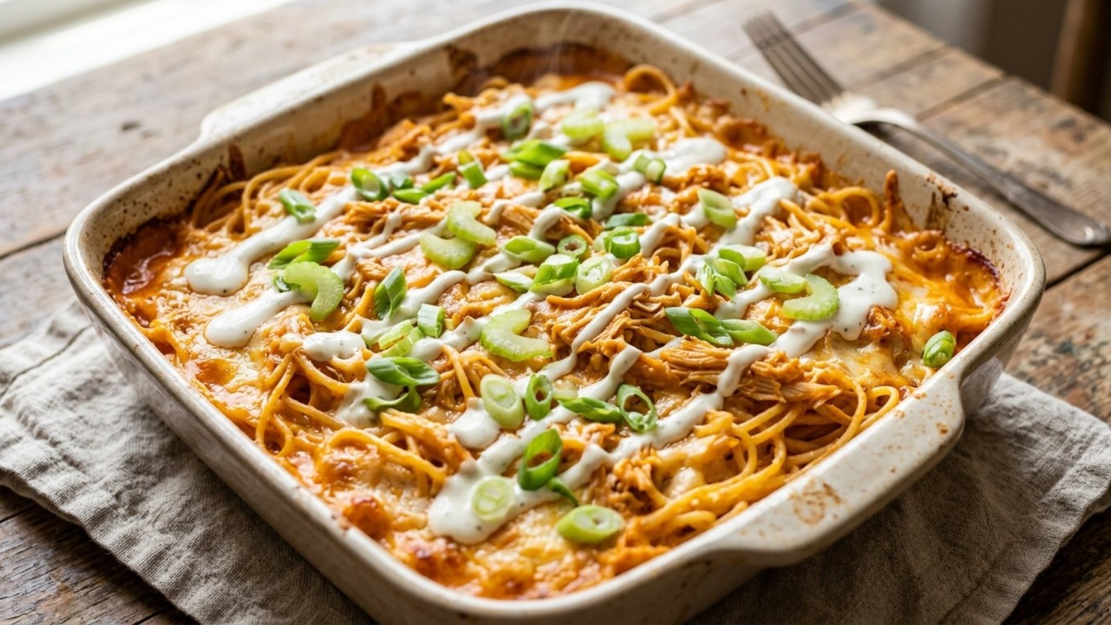 Buffalo bake with ranch, celery and green onions