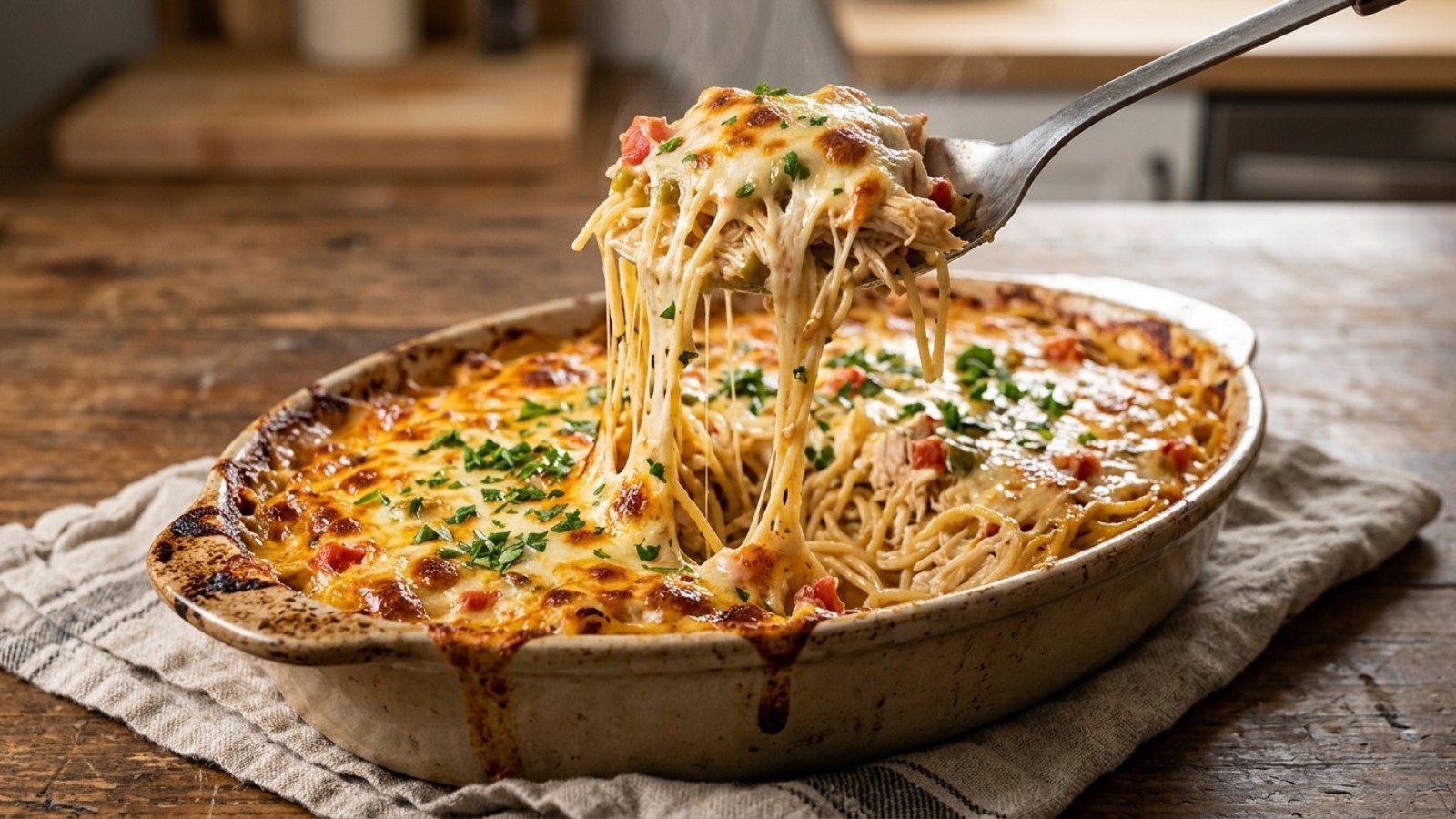 Chicken spaghetti casserole with cheese pulls, green chiles and tomatoes in an oval baking dish