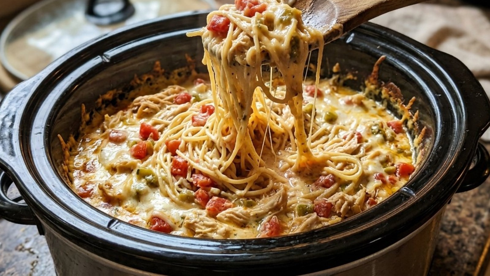 Crockpot chicken spaghetti with tomatoes and green chiles in a slow cooker