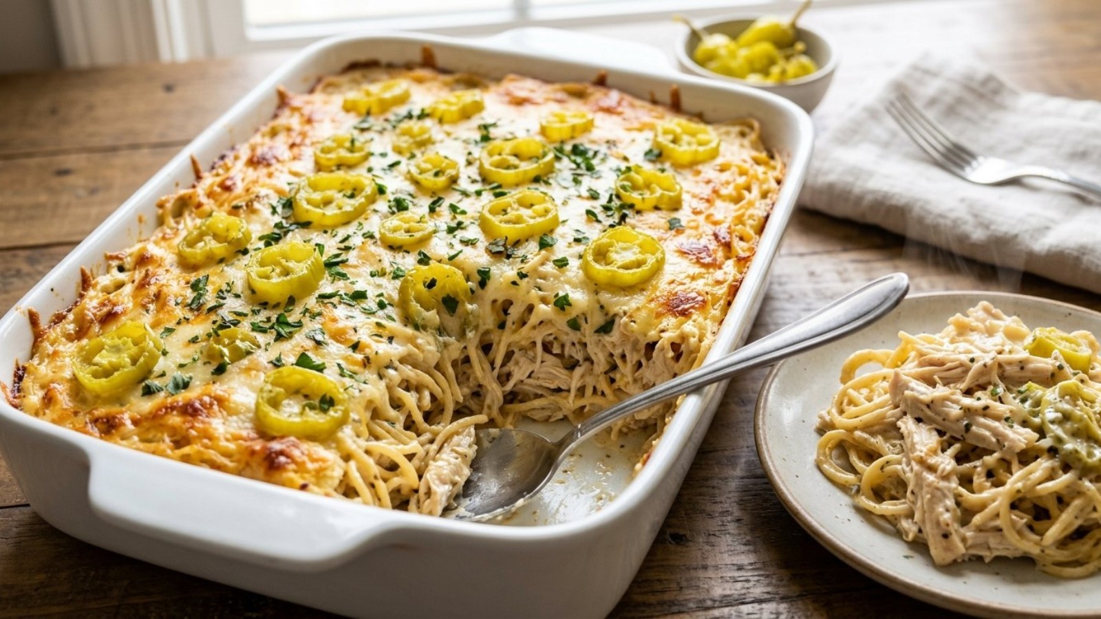 Mississippi chicken spaghetti topped with pepperoncini peppers in a white dish