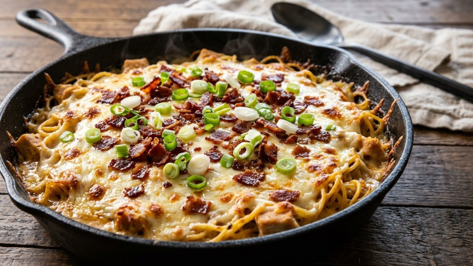 Monterey chicken spaghetti with bacon and green onions in a cast iron skillet