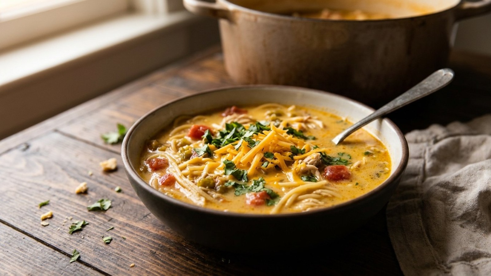 Chicken spaghetti soup with cheddar and cilantro in a bowl