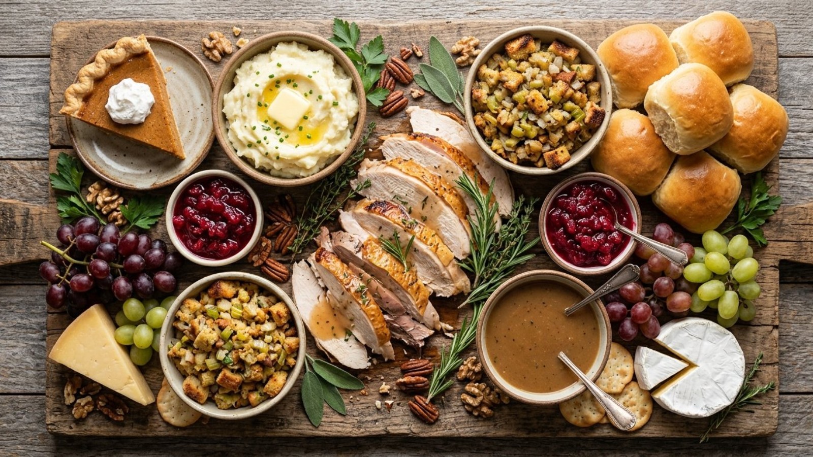 Friends Thanksgiving recipes leftovers board with turkey, sides, rolls and pie