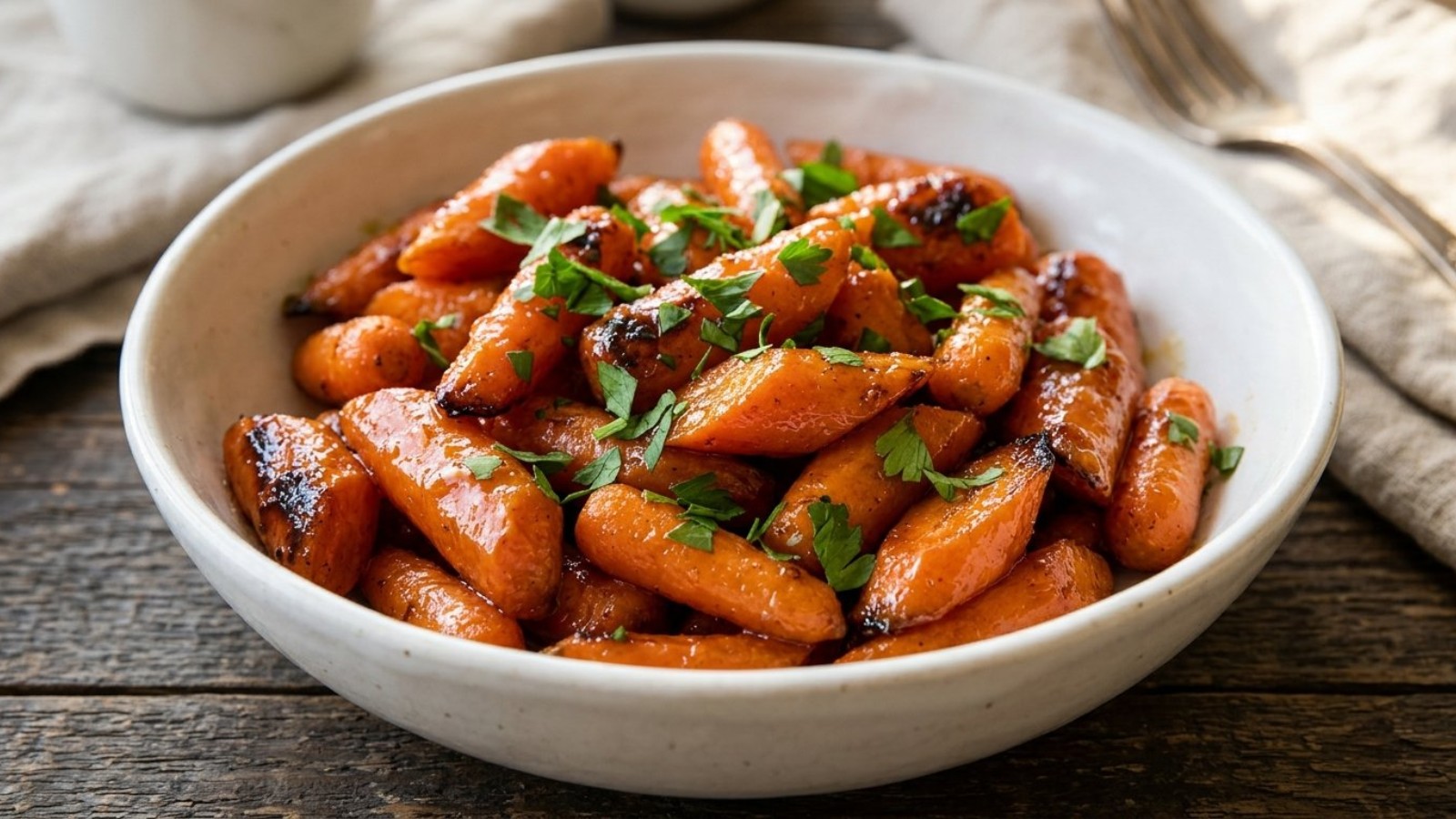 Honey butter glazed carrots with parsley in a white bowl
