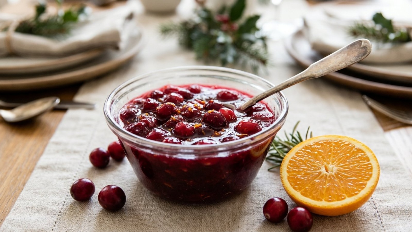 Homemade whole berry cranberry sauce in a glass bowl