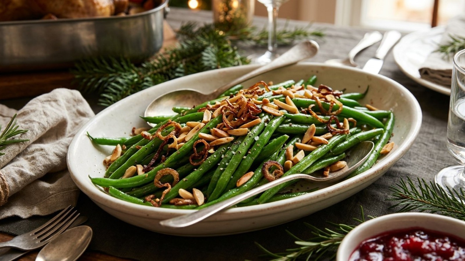 Green beans with toasted almonds and crispy shallots in a serving dish