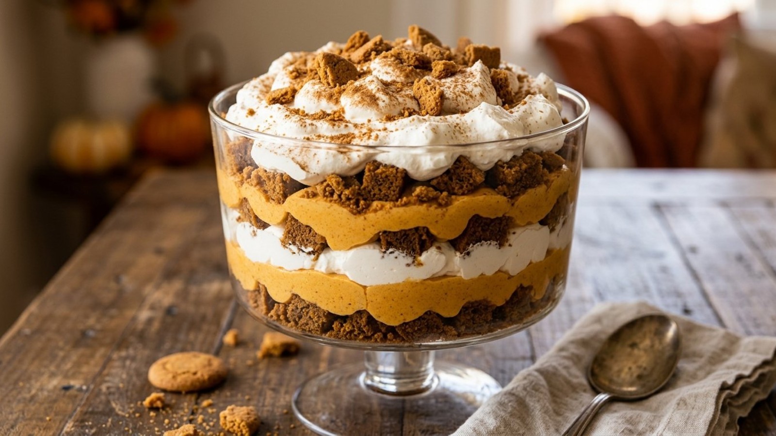 Pumpkin gingerbread trifle in a glass bowl