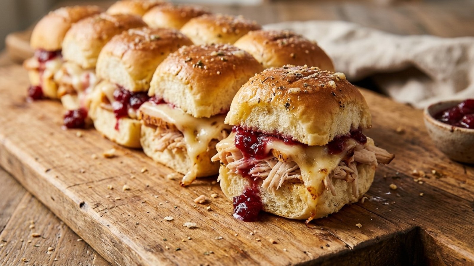 Mini leftover turkey sliders with cranberry and melted cheese