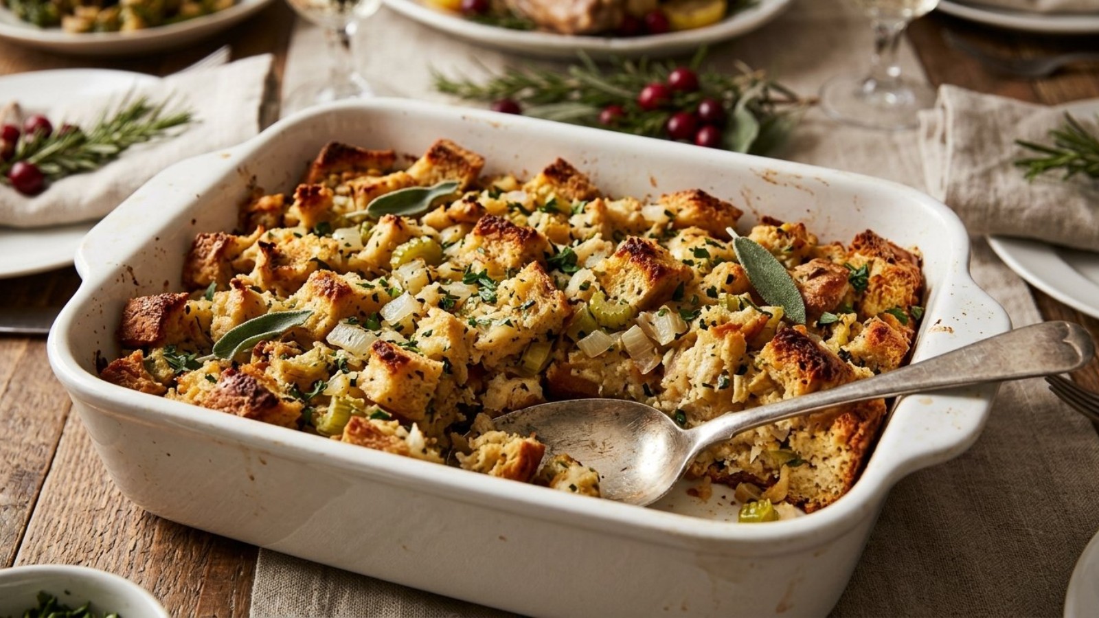 Classic herb stuffing in a white baking dish with sage