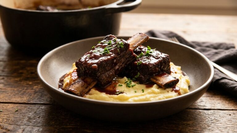 Braised short ribs in red wine sauce over mashed potatoes in a wide bowl