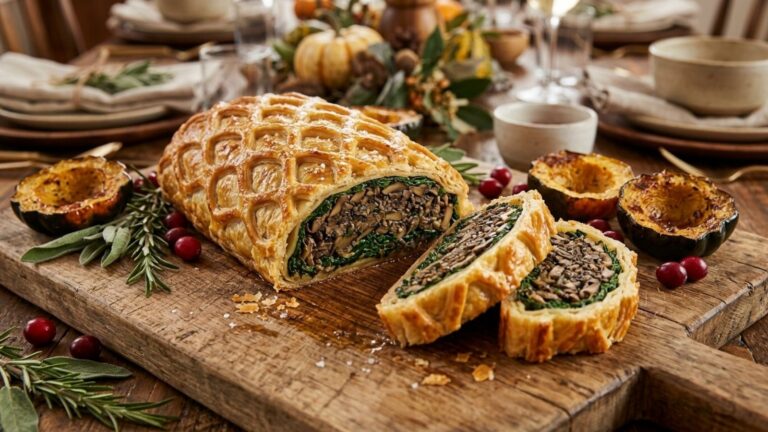 Vegetarian Thanksgiving mushroom Wellington sliced on a board with roasted squash and cranberries