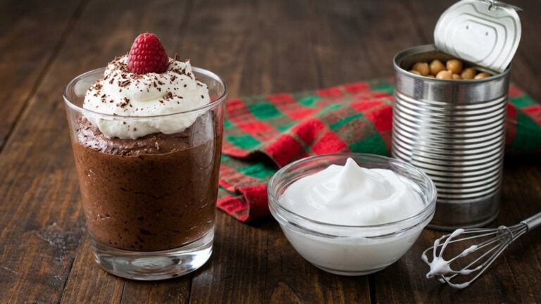 Chocolate mousse in a glass next to a can of chickpeas and whipped chickpea water