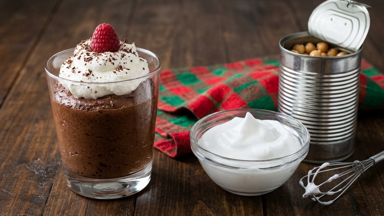 Chocolate mousse in a glass next to a can of chickpeas and whipped chickpea water