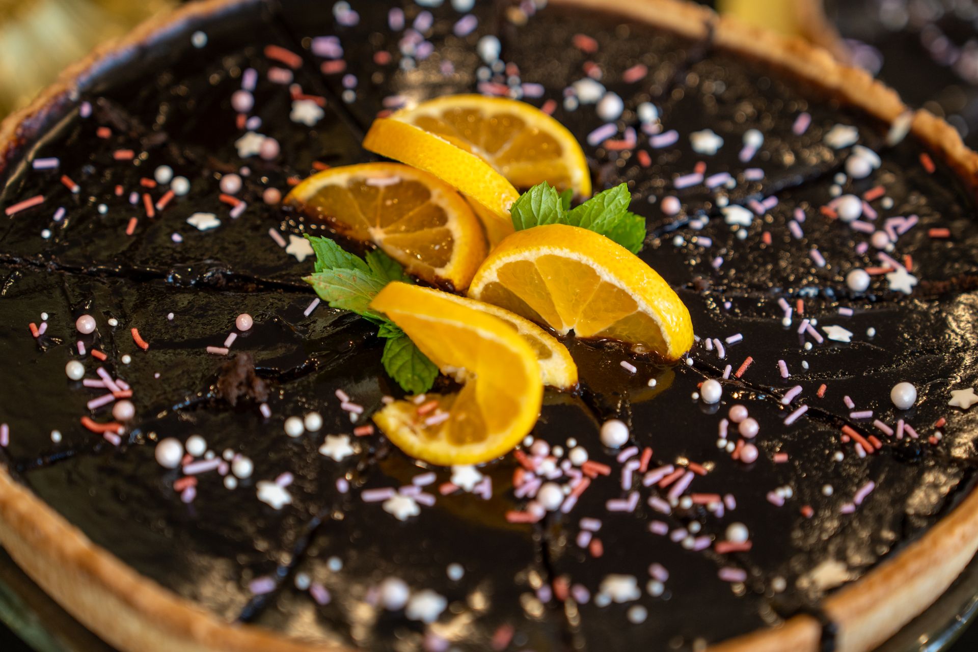 Chocolate mousse tart with fresh orange slices