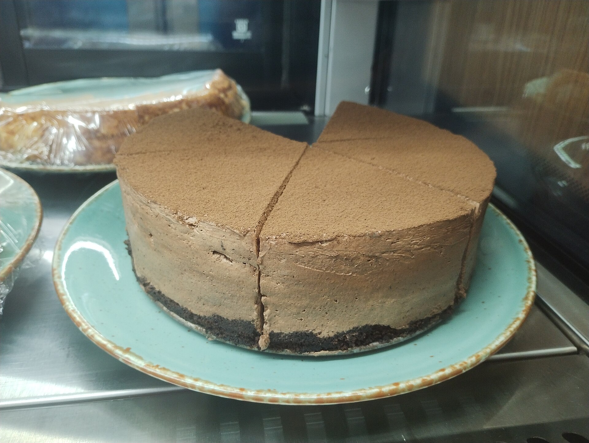 Chocolate mousse pie slice on a plate
