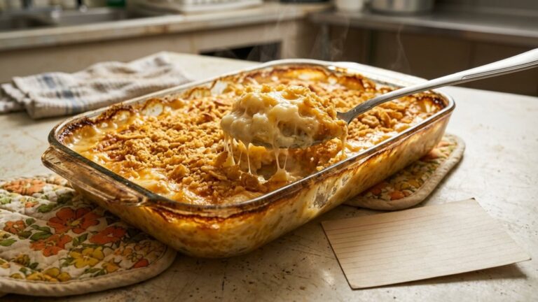 Classic funeral potatoes with a golden cornflake crust in a casserole dish