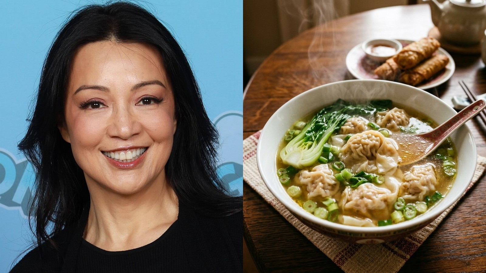 Ming-Na Wen recipes: Ming-Na Wen next to a bowl of wonton soup