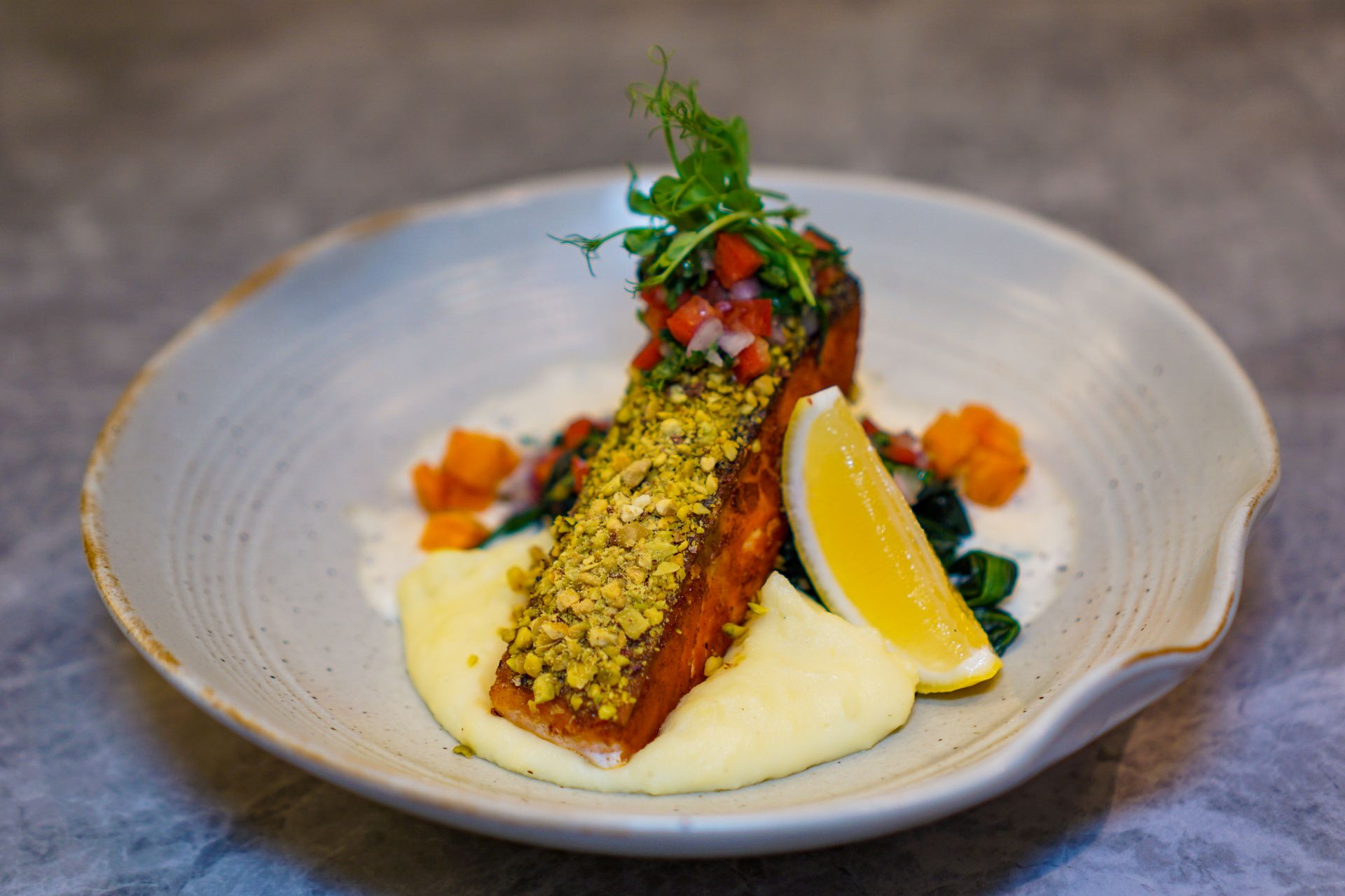 Ming-Na Wen recipes: pesto crusted salmon with lemon