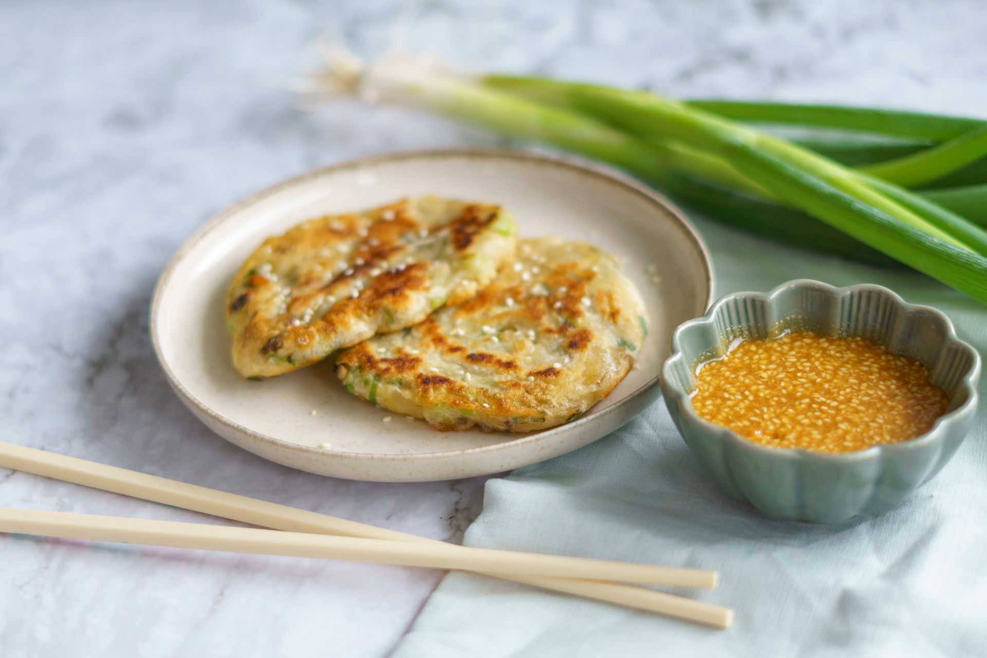 Ming-Na Wen recipes: scallion pancakes with dipping sauce