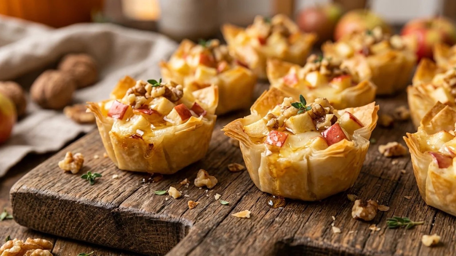 Phyllo cup appetizers with apple, melted cheddar, honey and walnuts