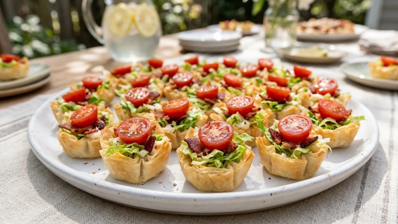 Mini cups filled with bacon, lettuce and cherry tomato