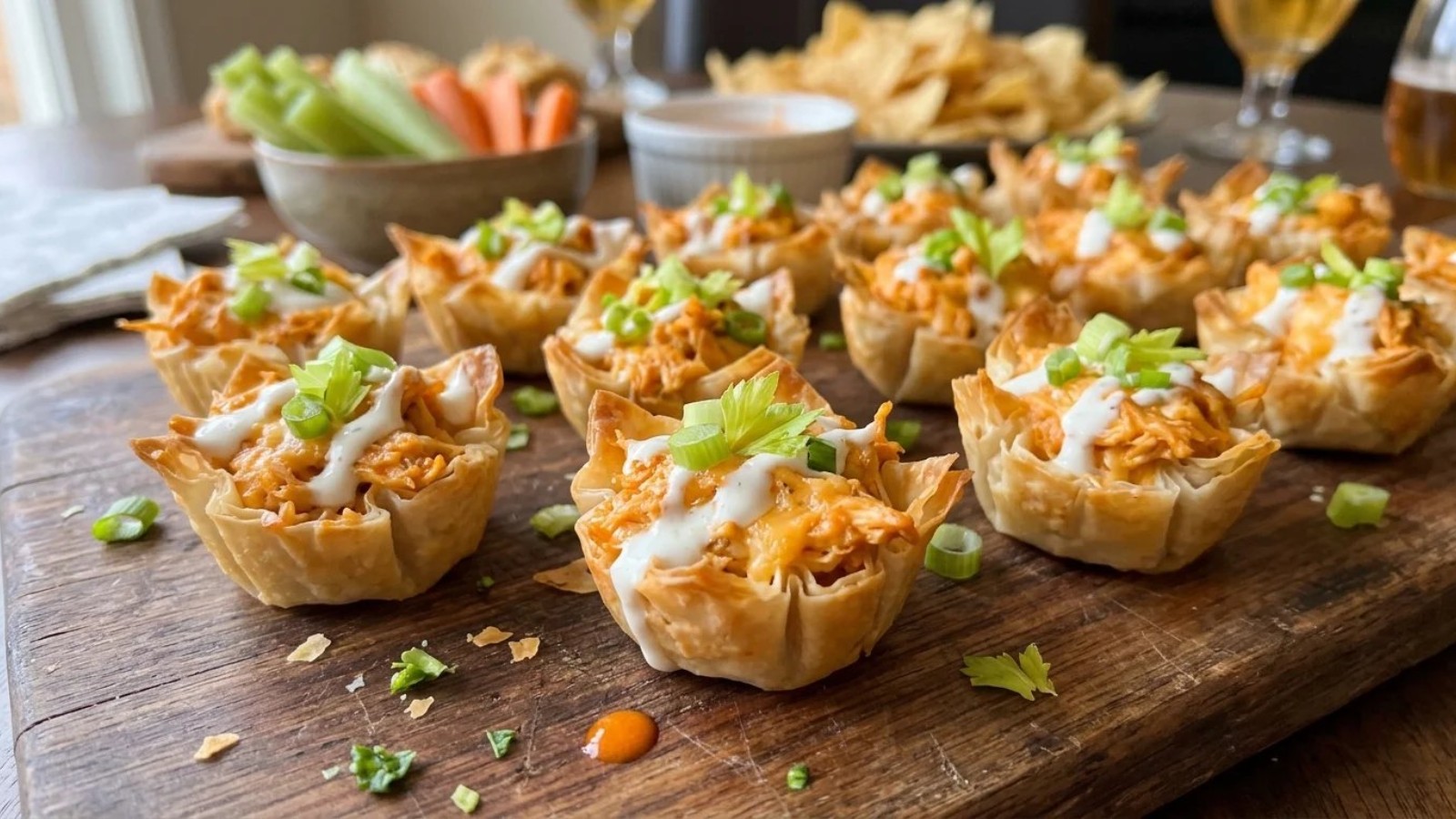 Phyllo cup appetizers with buffalo chicken and ranch drizzle