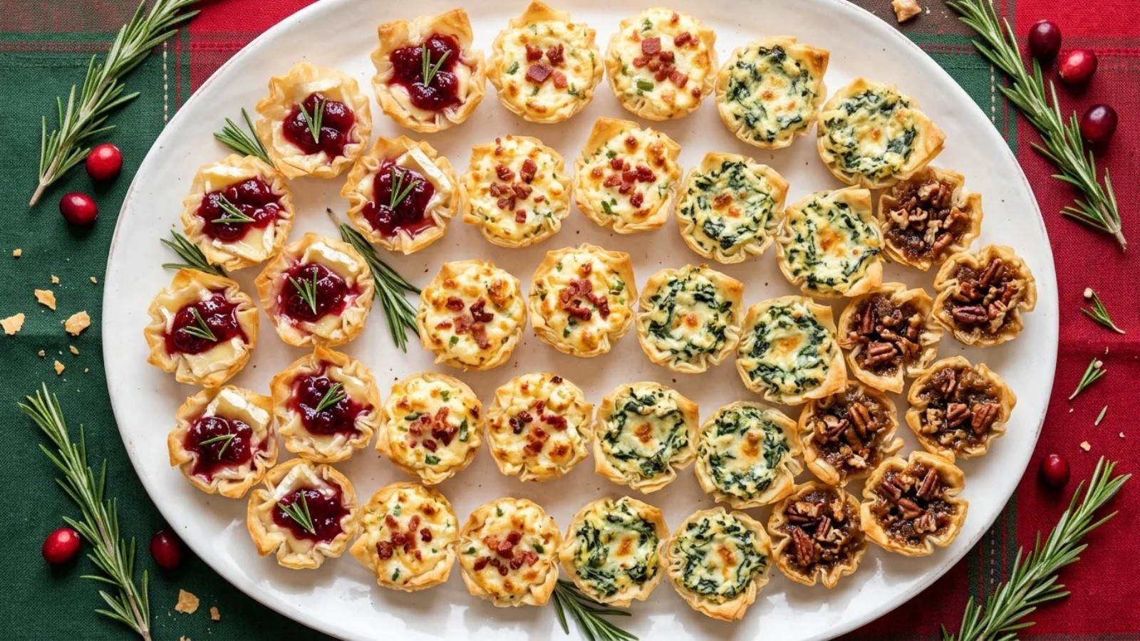 Phyllo cup appetizers on a platter: cranberry brie, jalapeno popper and spinach cups